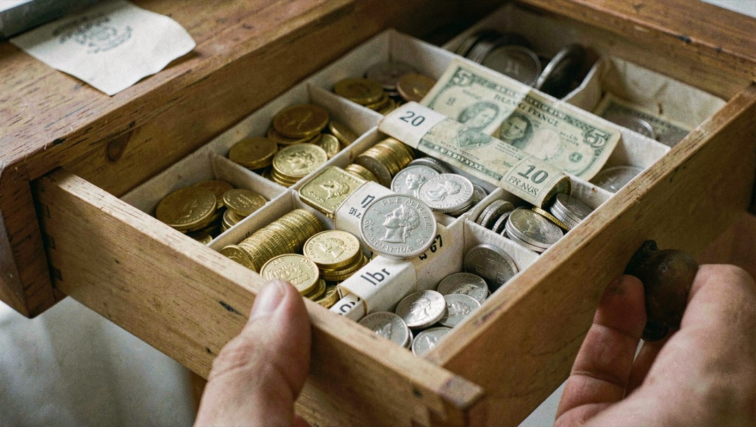 Tiroir de collectionneur sorti à moitié : colonnes de 20 francs or et de 5 francs argent dans des cases papier lblées, une pièce tenue par le bord