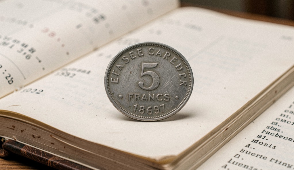 Avers d'un 5 francs argent de 1867 posé sur un registre ouvert, patine grise du métal, tranche en relief lettrée, coin de gomme arabique en marge