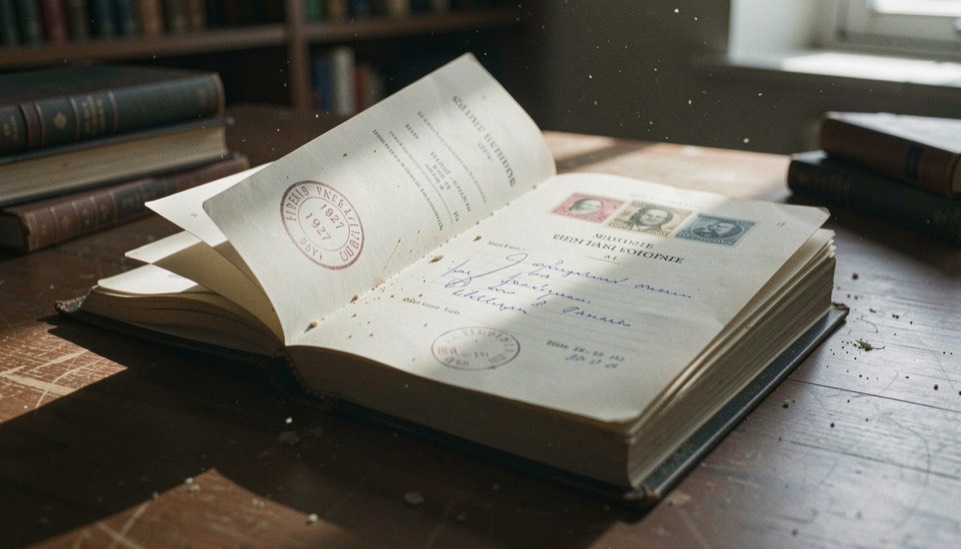 Dernière page d'un registre officiel de monnaies refermé à moitié, cachet oblitéré de 1927, poussière de bibliothèque dans un rai de lumière froide