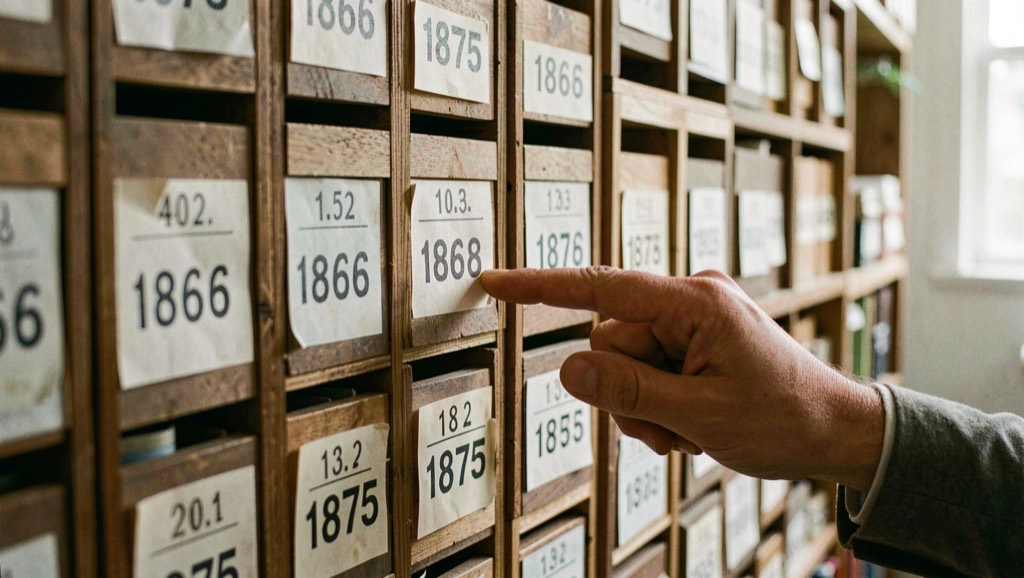 Rangée de pièces portant les millésimes 1866 à 1875 dans des cases datées, la main d'un archiviste pointant la case de 1868