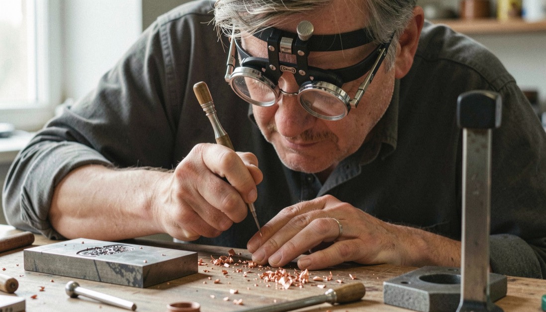 Main de graveur finissant un poinçon tête au burin, lunettes d'horloger sur le front, éclats de cuivre sur l'établi, matrice brute à côté