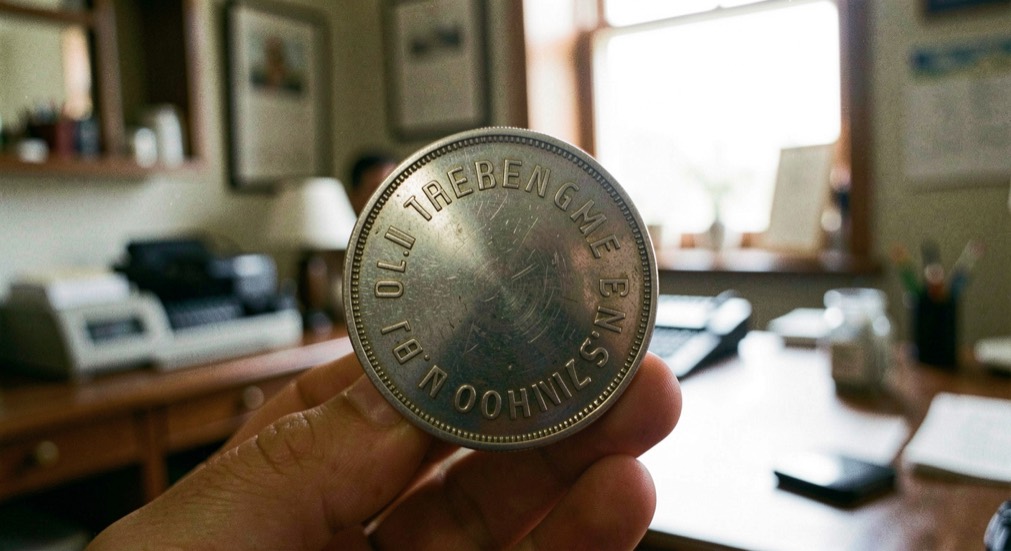 Pièce d'argent maintenue debout montrant sa tranche cannelée et lettrée en creux, fond de bureau de change flou, rai de lumière blanc