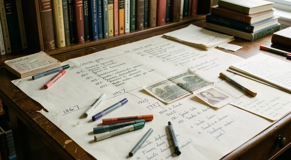 Chronologie manuscrite de 1865 à 1927 déroulée sur une table de bibliothèque, feutres de datation, pièces posées aux grandes dates du parcours